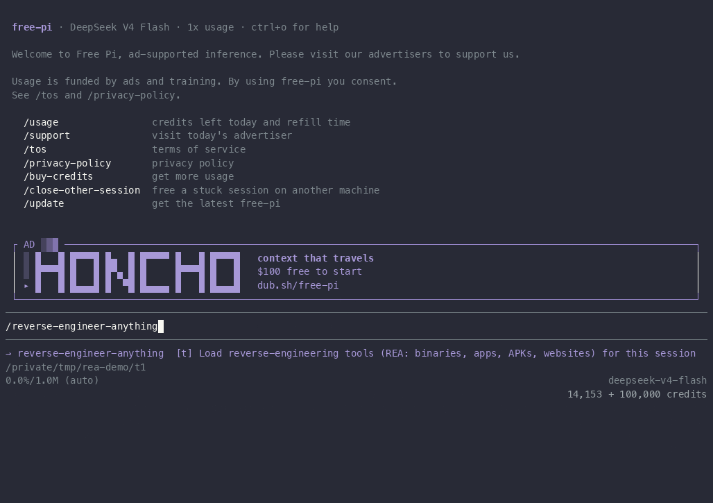 A recorded free-pi session that inspects the gh binary with REA. Sped up 8x.